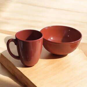 🎁Free ADD-ON/ One person ceramic glazed pottery bowl and mug set in red